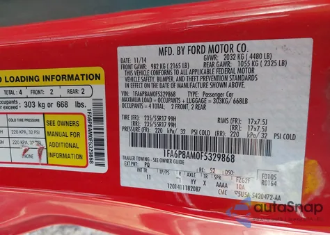 2015 Ford Mustang V6 z USA, uszkodzony, nr VIN 1FA6P8AM0F5329868